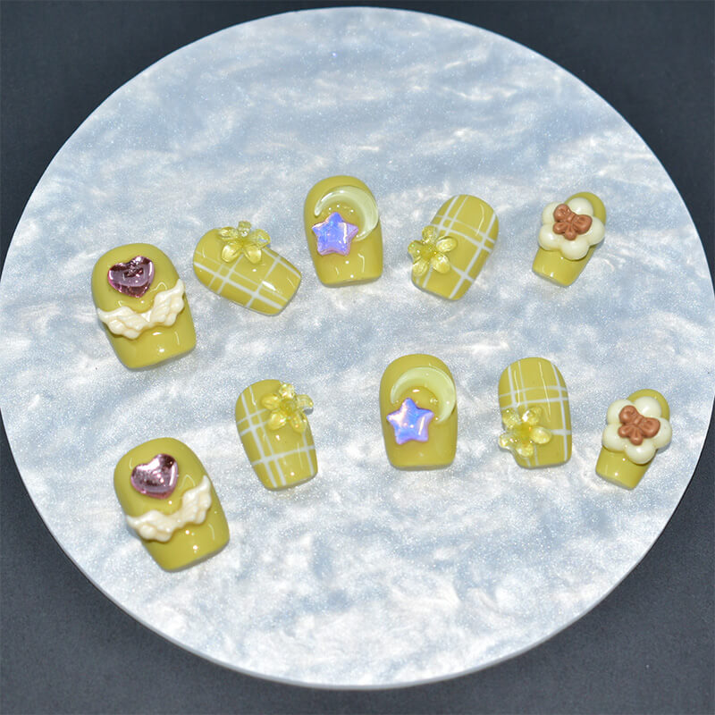 Avocado Green Sweetheart | Yellow Grid Floral Press-On Nails | Short Square Shape With 3D Flower And Star Accents