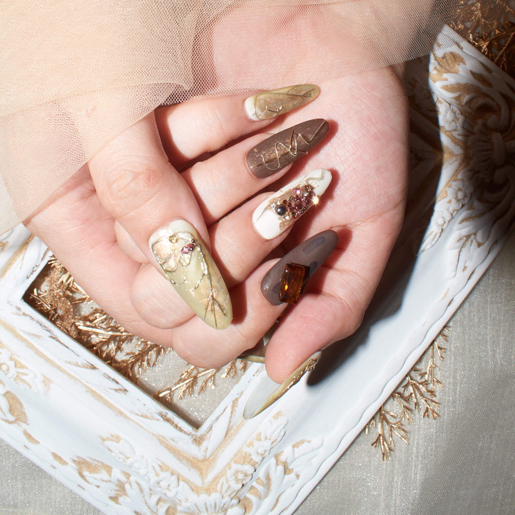 Baroque Mystique Press-On Nails - Long Almond Shape with Marble Patterns and 3D Embellishments