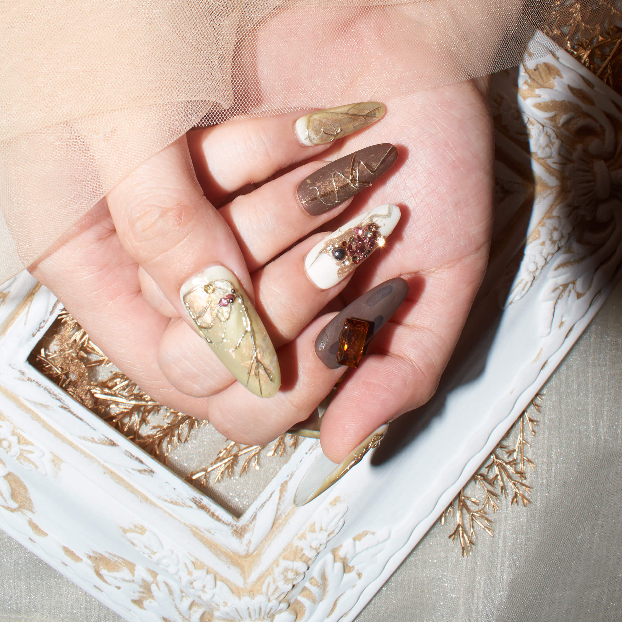 Baroque Mystique Press-On Nails - Long Almond Shape with Marble Patterns and 3D Embellishments