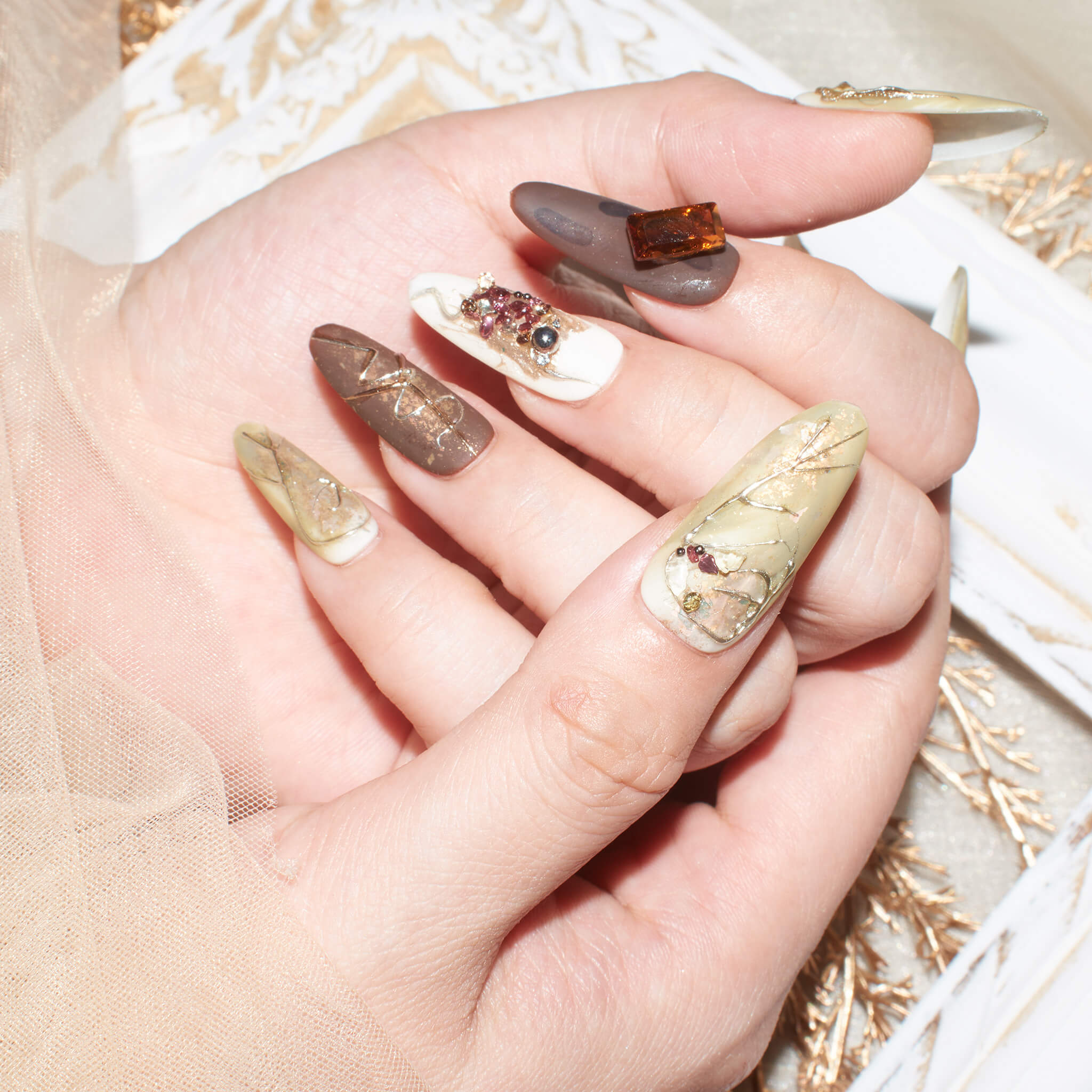 Baroque Mystique Press-On Nails - Long Almond Shape with Marble Patterns and 3D Embellishments