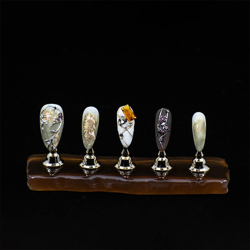 Baroque Mystique Press-On Nails - Long Almond Shape with Marble Patterns and 3D Embellishments