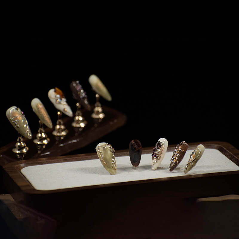 Baroque Mystique Press-On Nails - Long Almond Shape with Marble Patterns and 3D Embellishments