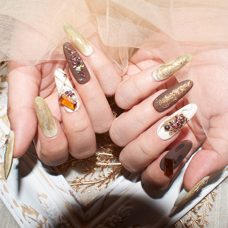 Baroque Mystique Press-On Nails - Long Almond Shape with Marble Patterns and 3D Embellishments