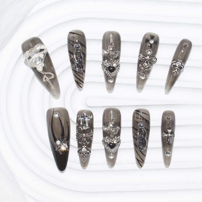 Black Mist Enchantment Press-On Nails - Long Stiletto Shape with Black and Silver Accents
