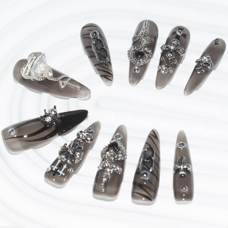 Black Mist Enchantment Press-On Nails - Long Stiletto Shape with Black and Silver Accents
