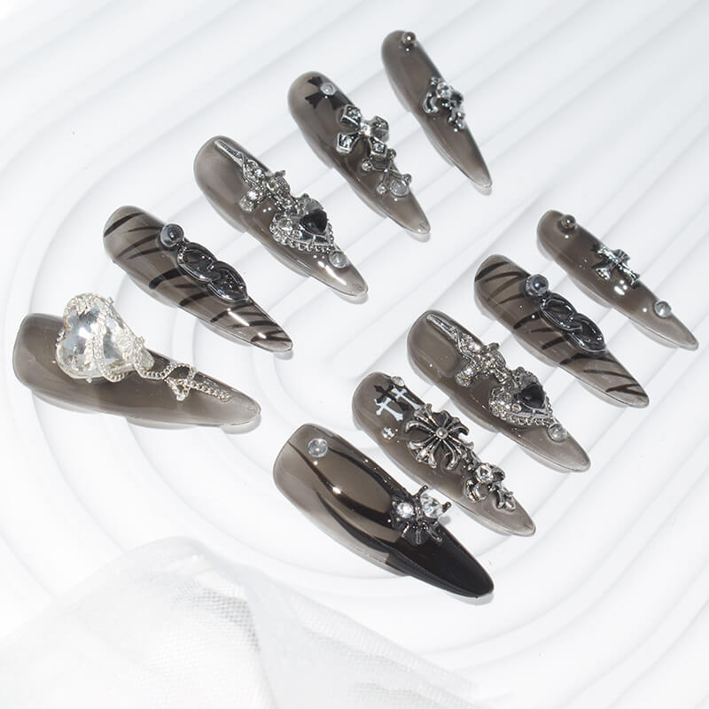Black Mist Enchantment Press-On Nails - Long Stiletto Shape with Black and Silver Accents
